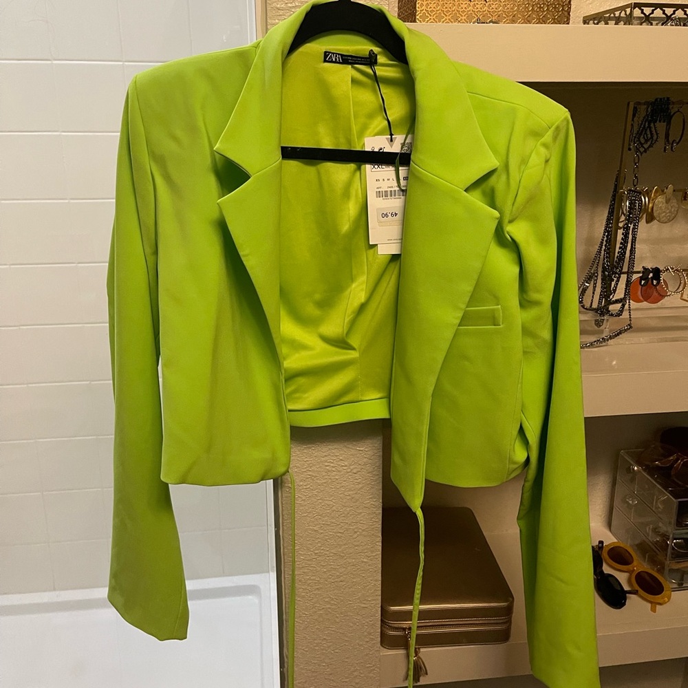 Zara green cropped wrap blazer NWT